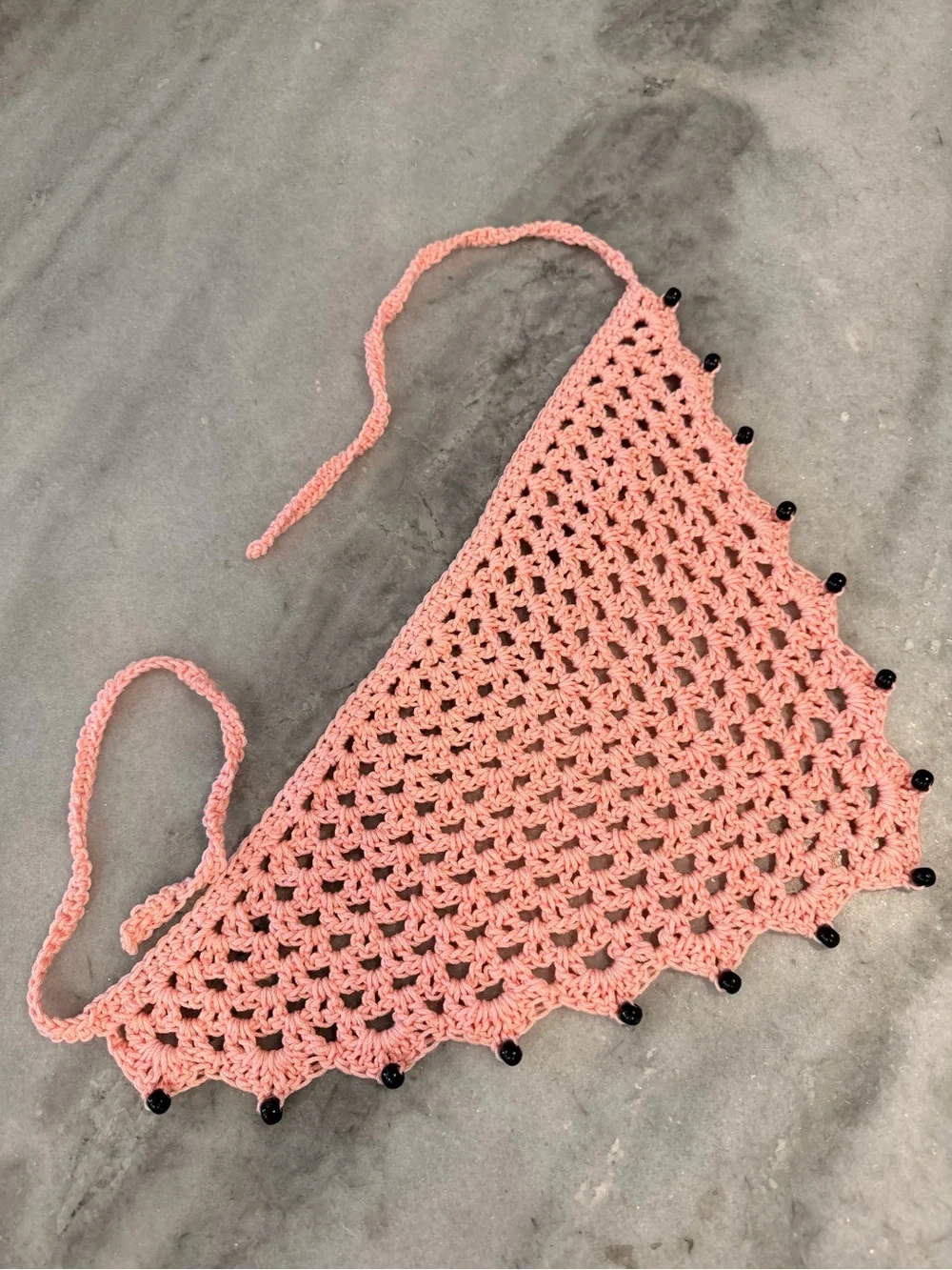 Handmade Crochet Wood Beaded Kerchief Head Scarf Cotton Boho Bandana Cottagecore